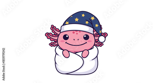 Cute pink axolotl tucked into a white sleeping bag and wearing a blue nightcap decorated with yellow stars for a peaceful bedtime concept.
