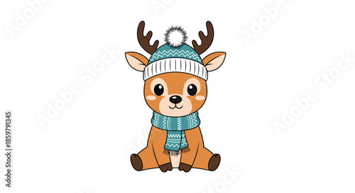 Sweet little reindeer wearing a teal winter hat with a pompom and a matching knitted scarf sitting against a clean white background.