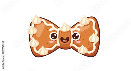 Delicious gingerbread cookie in the shape of a bow tie decorated with white icing dollops and a cute smiling face for a holiday treat.