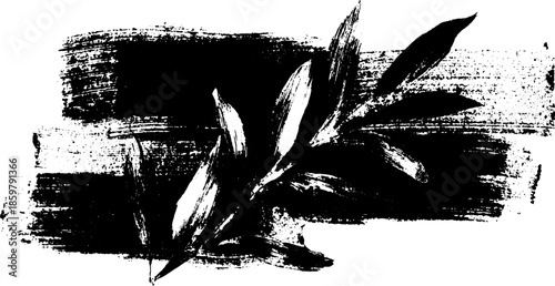 Expressive sumi-e style black ink brush illustration featuring leaves
