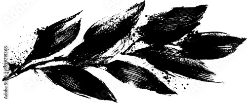 Expressive black ink brush leaf design in sumi-e style for art projects