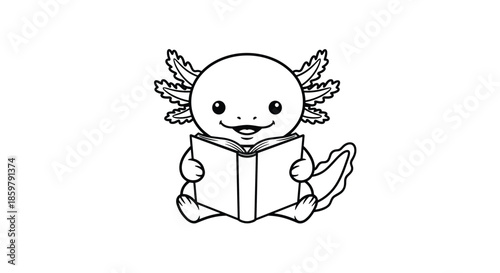 Adorable little axolotl sitting down and holding an open book with focused interest as a simple black and white line art coloring page.
