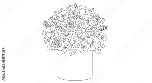 Rich bouquet of diverse flowers including roses and daisies arranged in a simple round vase as a detailed line art coloring page.