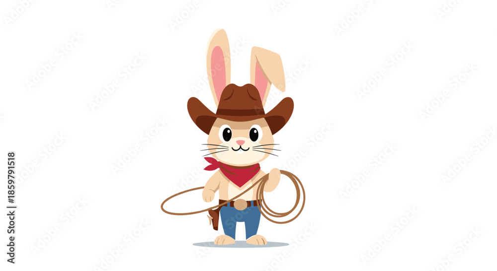 Fototapeta premium Adventurous bunny character dressed as a cowboy with a hat, boots, and a lasso for a fun western and desert theme.