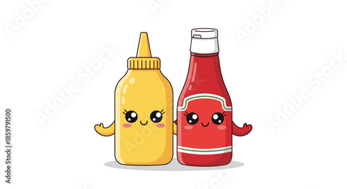 Cute ketchup and mustard bottle characters with happy faces and arms standing together as friendly condiments for food.