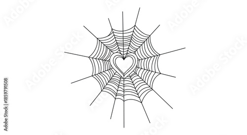 Creative heart shaped spider web presented in a clean black and white line art style for gothic or romantic themes.