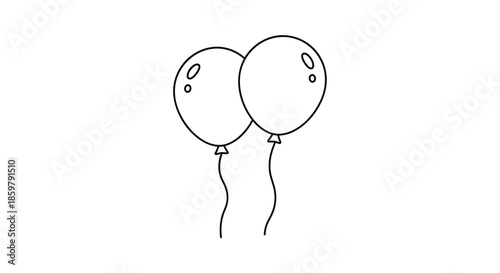 Two simple floating balloons with strings presented in a clean black and white line art style for celebrations and parties.