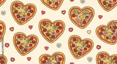 Delicious seamless pattern featuring heart shaped pepperoni pizza slices and small hearts on a warm cream background.