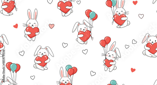 Adorable seamless pattern with white bunnies holding red hearts and colorful balloons isolated on a white background.