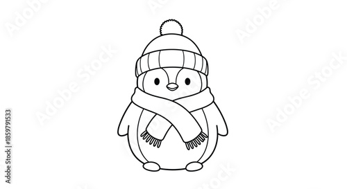 Adorable small penguin wearing a cozy knit pom-pom hat and a long striped scarf stands ready for cold winter weather in line art style.