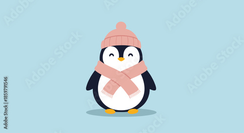 Sweet little penguin with happy closed eyes wears a soft pink knit hat and a matching warm scarf on a light blue winter background icon.