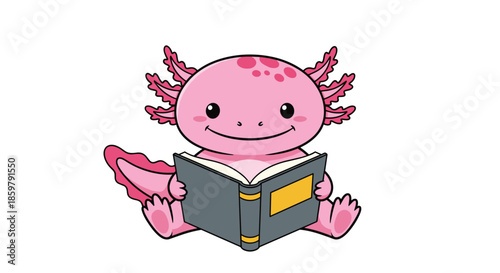 Intellectual pink axolotl character sits comfortably on the floor while focused on reading a thick book with a yellow spine and cover art.