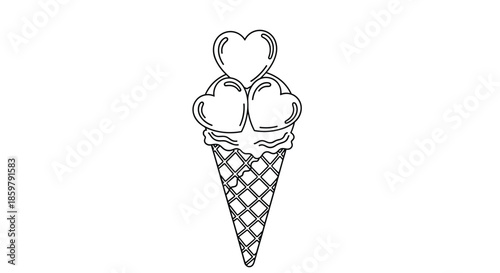 Sweet line art drawing of a waffle ice cream cone topped with three stacked scoops shaped like hearts in a simple and clean cartoon style.