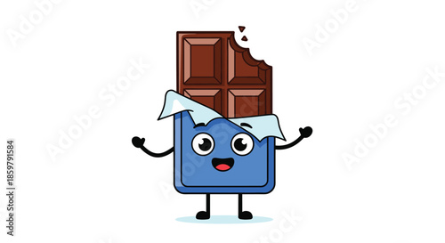 Enthusiastic chocolate bar character with blue wrapper and silver foil holds its arms out wide while showing a bite taken from its top.