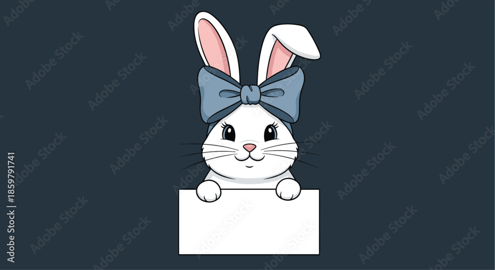Fototapeta premium Adorable white bunny wearing a large blue bow peeking over a blank white sign on a dark grey background.