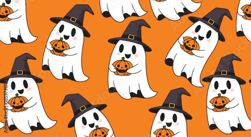 Festive Halloween seamless pattern with cute white ghosts wearing witch hats and holding carved pumpkins on a bright orange background.