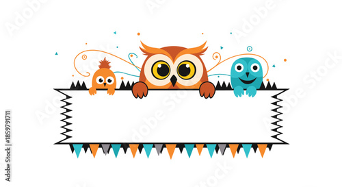Three colorful cartoon owls peeking over a blank white banner with festive flags and swirls for messages and text.