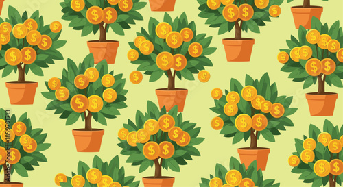 Prosperous seamless pattern of money trees growing in clay pots with gold dollar coins on a pale yellow background.