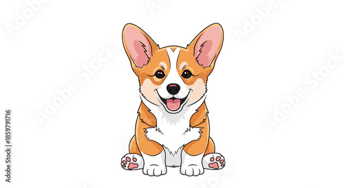 Adorable cartoon illustration of a happy Welsh Corgi dog sitting and smiling with its tongue out on white background.
