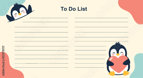 Cute penguin themed To Do List template with lines for notes and two adorable penguins, one holding a pink heart.