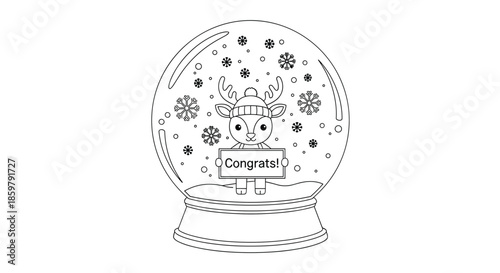 Enchanting black and white line art coloring page of a cute reindeer inside a snow globe holding a Congrats sign.