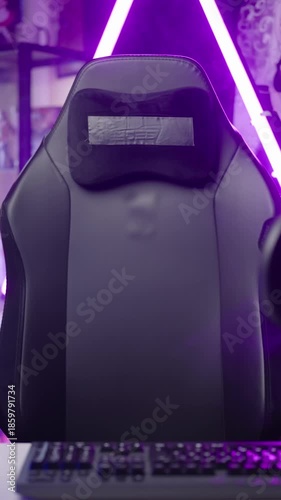 Empty gaming chair moving in anime influencer room pink neon light template