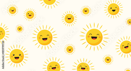 Bright and cheerful seamless pattern of various smiling sun characters on a pale cream background for kids.