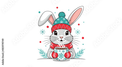 Adorable grey bunny wearing a winter hat, scarf, and mittens holding a cup of steaming coffee in the snow.