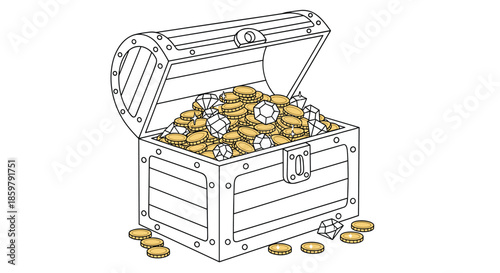 Black and white line art of an open treasure chest overflowing with gold coins and sparkling gems for coloring.