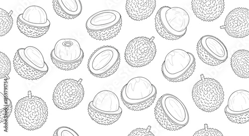 Detailed black and white line art seamless pattern of whole and halved lychee fruits for coloring or decoration.