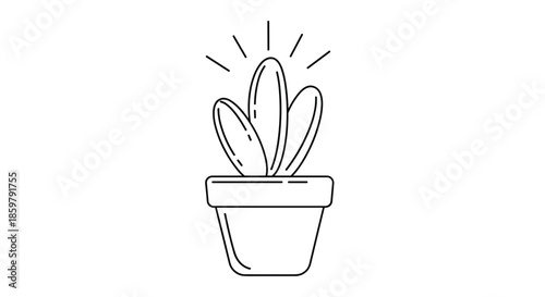 Minimalist black and white line art illustration of a small succulent cactus in a flower pot with glowing rays.