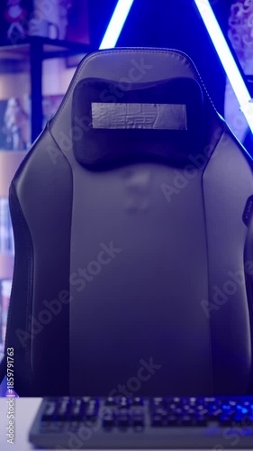 Empty gaming chair in anime fan influencer room with neon lights template