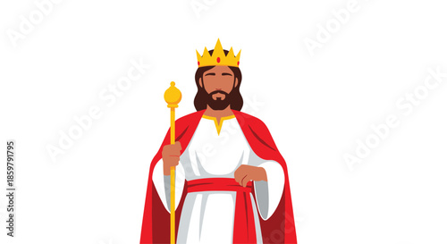 Regal illustration of Jesus Christ depicted as a king with gold crown, red robe, and scepter for religious storytelling.