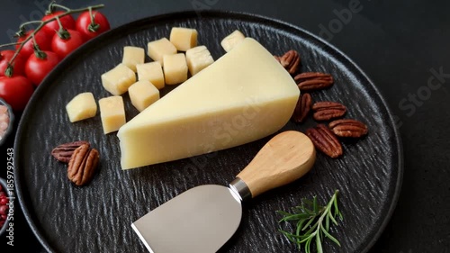 Cubed cheddar, gouda, or parmesan cheese on a cutting board. Cubed cheese as a food background for your design