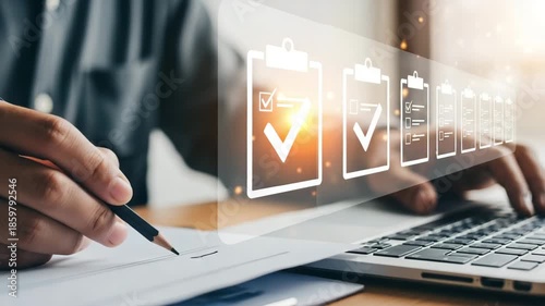 A person working on a hybrid task with a digital checklist overlay for verification technology motion animated video 4k.