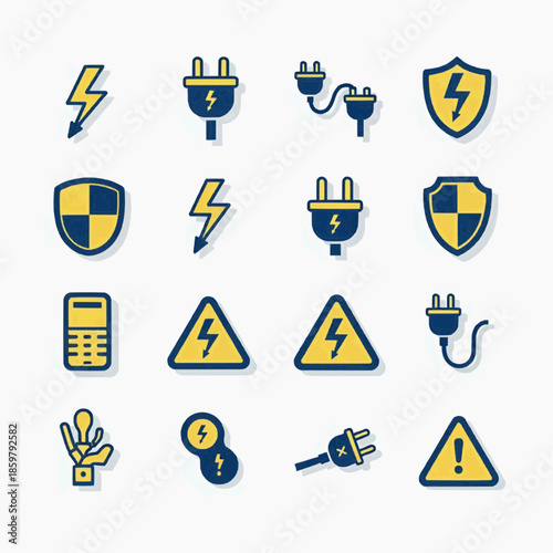 A collection of electrical warning icons including lightning bolts, plugs, and shields on a white background.