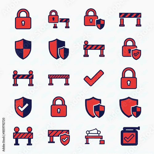 Security icons depicting various locks and barriers with shields and checkmarks are shown.
