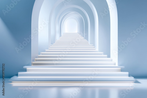 A serene staircase ascends into a bright, dreamlike space symbolizing transformation and discovery. Light spills from the keyhole, inviting exploration and elevation towards the future