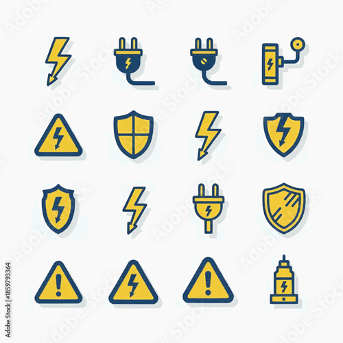 Electricity warning signs and symbols with protection icons are displayed prominently.