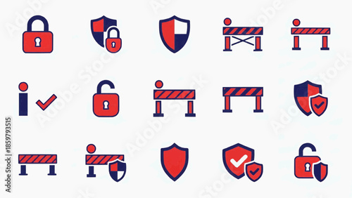 The illustration depicts various security and protection icons including locks, shields, barriers, and checks, symbolizing safety and restricted access.
