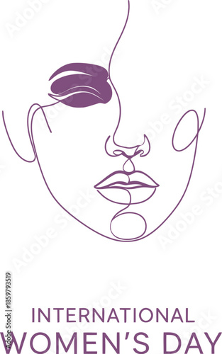 Elegant minimalist continuous oneline drawing of a womans face with a decorative purple leaf celebrating International Womens Day