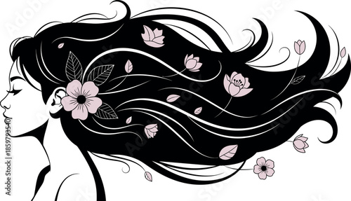 Elegant profile view of a serene young woman with beautiful long flowing black hair adorned with delicate pink floral elements and leaves vector illustration