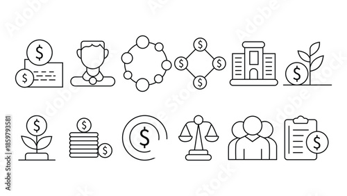 Black and white line icons of business and finance concepts with dollar signs