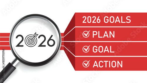 Professional blue-toned 2026 Goals infographic with magnifying glass highlighting "2026", roadmap ribbon showing Plan, Goal, Action checkboxes. Ideal for business strategy, personal planning, new year