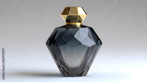 Dark gray faceted perfume bottle with gold cap isolated on a transparent background