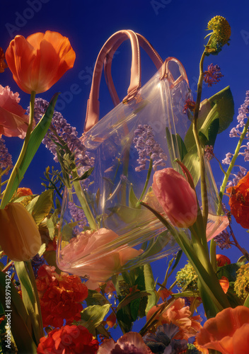 Transparent luxury handbag among flowers, low angle fashion still life