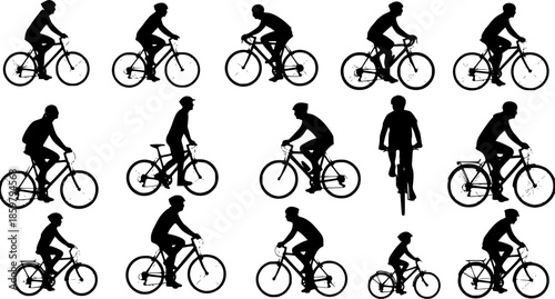 set of silhouettes of people riding bicycle. cyclist side view. isolated on a background. vector set
