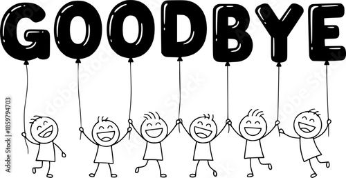 GOODBYE smiling stick figures holding golden balloon letters
