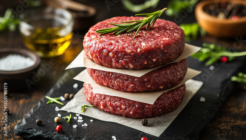 Fresh raw homemade minced beef steak burger with spices on black background