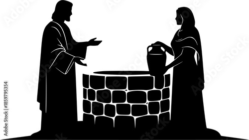 silhouette vector of Jesus Talking to Samaritan Woman at the Well – Biblical Scene of Compassion, Faith, and Living Water Illustration
